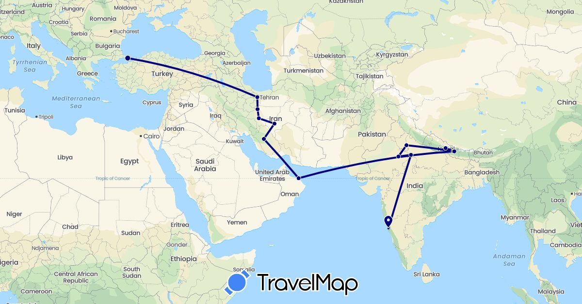 TravelMap itinerary: driving in India, Iran, Nepal, Oman, Turkey (Asia)
